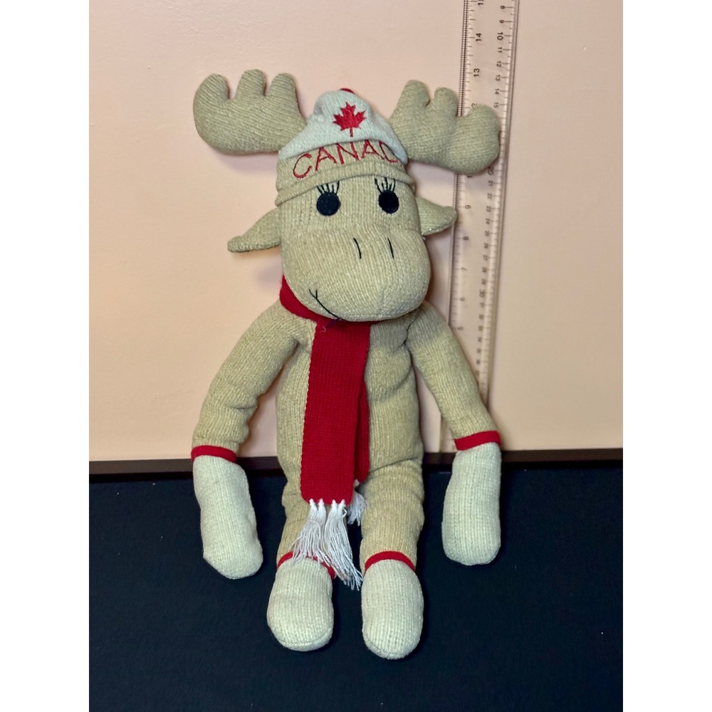 Creature Comforts Canada Moose Plush Stuffed Sock Animal Tan Corduroy Red Scarf
